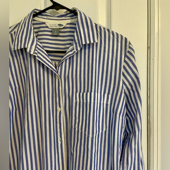 Old navy tunic shirt blue white striped - button down size large - Picture 3 of 6